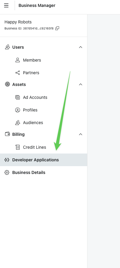 Business Manager sidebar with Developer Applications highlighted